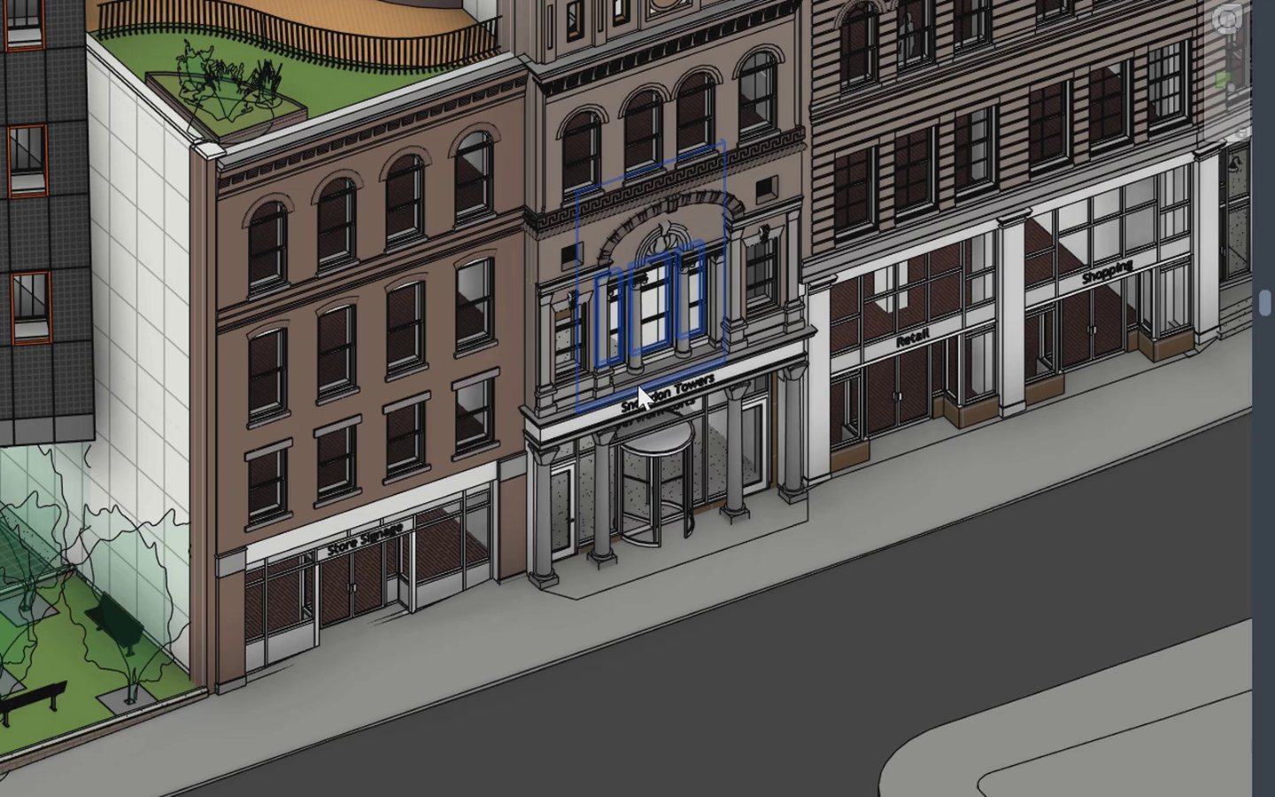 A 3D view in Revit with a window selected